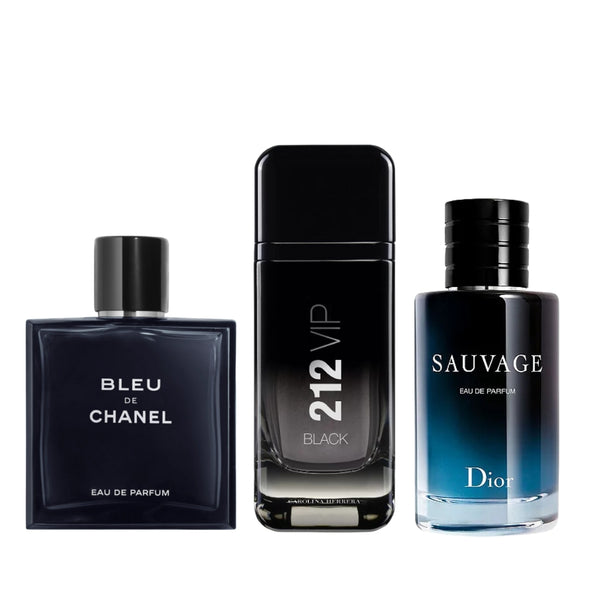 Pague 1 y lleva 3 Kit 3 Perfumes Sauvage Dior, 212 Vip Black y Bleu de Chanel 100ml