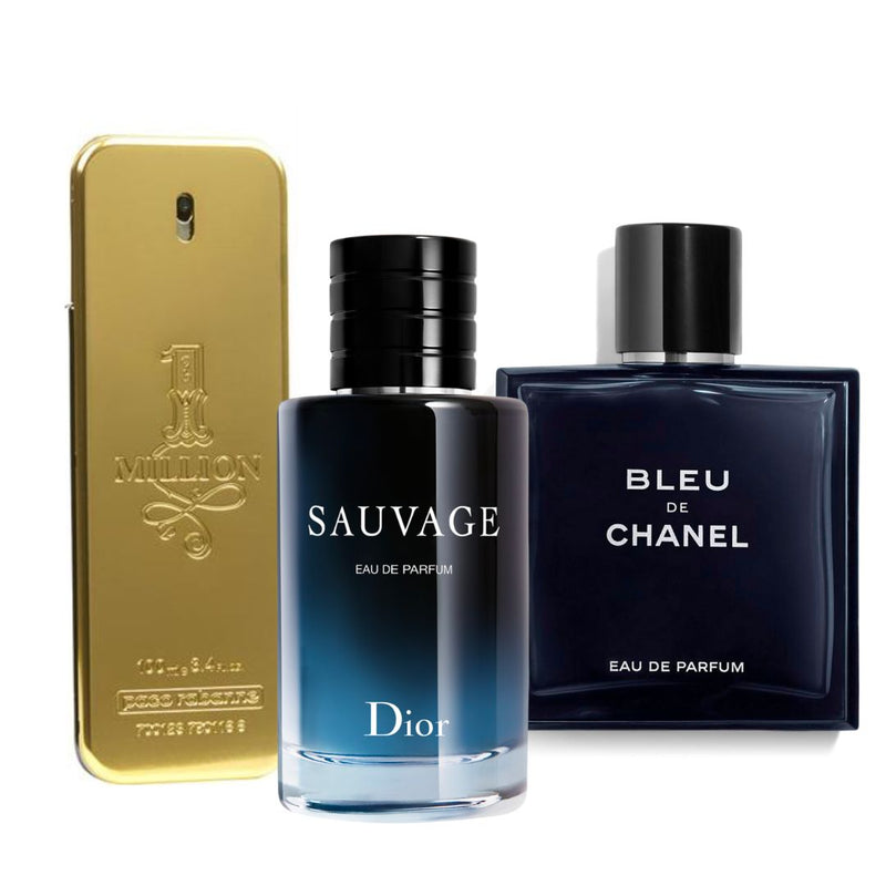 Pague 1 y lleva 3 Kit 3 Perfumes Sauvage Dior, One Million y Bleu de Chanel 100ml