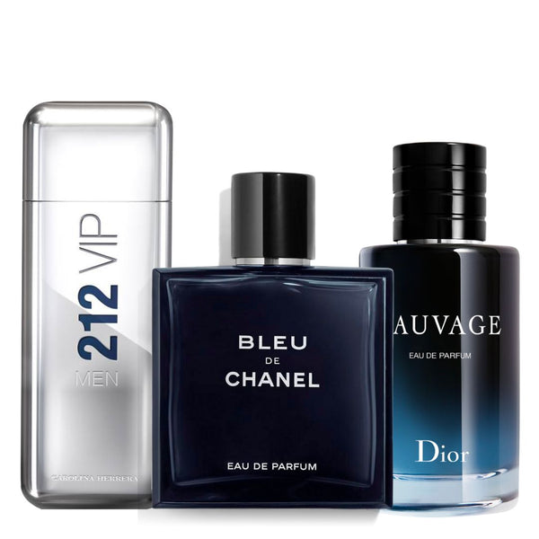 Pague 1 y lleva 3 Kit 3 Perfumes Bleu de Chanel, 212 Vip Men y Sauvage Dior 100ml